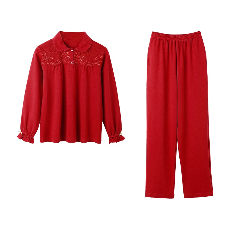 猫人纯棉时尚韩版可爱小翻领大红色家居服本命年结婚睡衣女套装