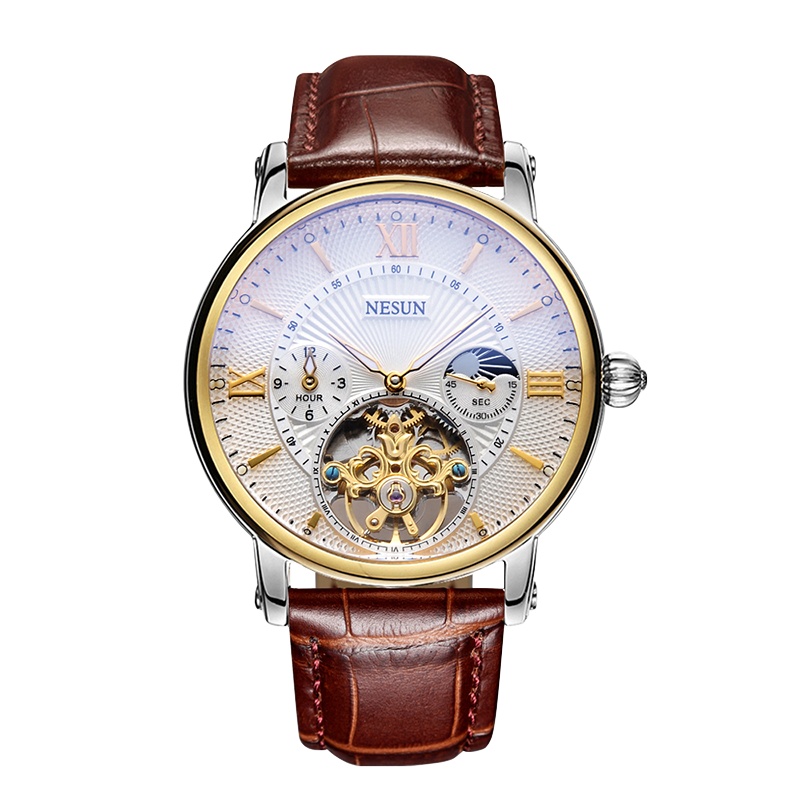 尼尚(NESUN)手表男士全自动机械表 男商务多功能防水飞轮休闲时尚真皮个性镂空男表9091m