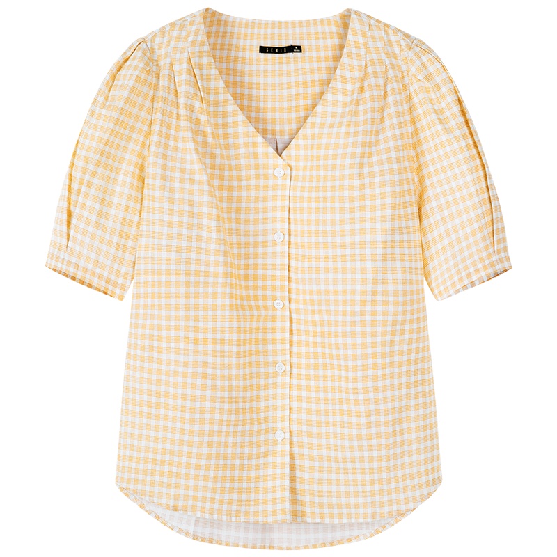 【领198-100券再购】Semir森马短袖衬衫女2019夏季新款格纹小清新衬衣学生V领田园风上衣潮
