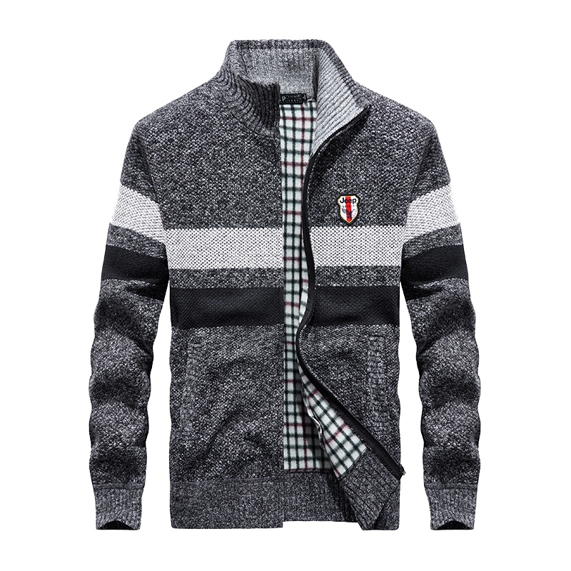 JEEP/吉普2019青年休闲拼色毛衣男时尚休闲加绒加厚连帽开衫毛衣针织衫19MB562SW9057