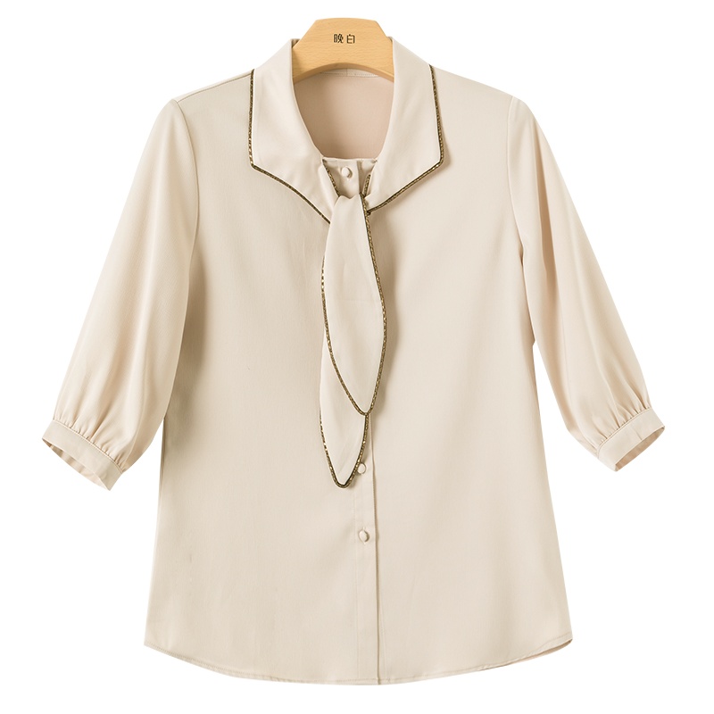 晚白2021春夏新品时尚纯色系带翻领中袖百搭通勤职业衬衫衬衣女