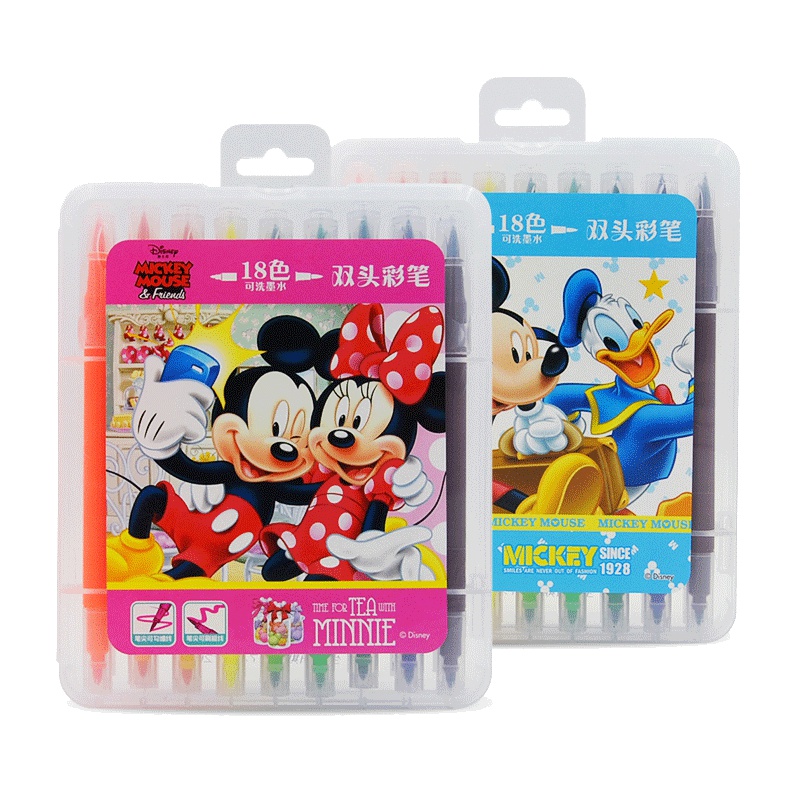 迪士尼(Disney)18色双头水彩笔套装彩色初学者手绘绘画画笔儿童幼儿园小学生用塑料盒装软硬两头彩笔z7126女孩米妮
