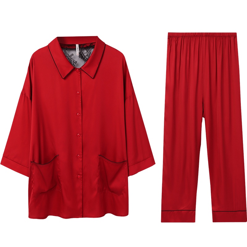 安之伴睡衣情侣冰丝婚庆款冰感丝素色国民领长袖可外穿情侣套装