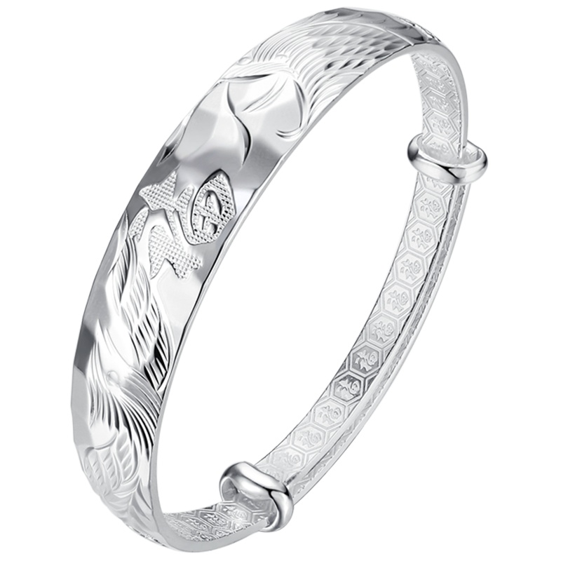 佰色传情999银手镯女纯银镯子龙凤福字推拉银镯中老年款礼