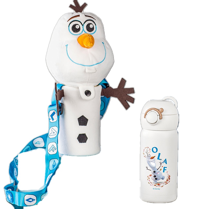 迪士尼婴儿童水杯子宝宝不锈钢保温杯带吸管杯公仔杯套幼儿园水壶水杯350ml带公仔杯套学生水壶-白色雪宝玩偶保温杯