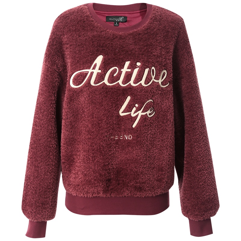 OUNIXUE欧昵雪 | [保暖羊羔毛上衣]冬季气质圆领字母贴布绣宽松套头卫衣女