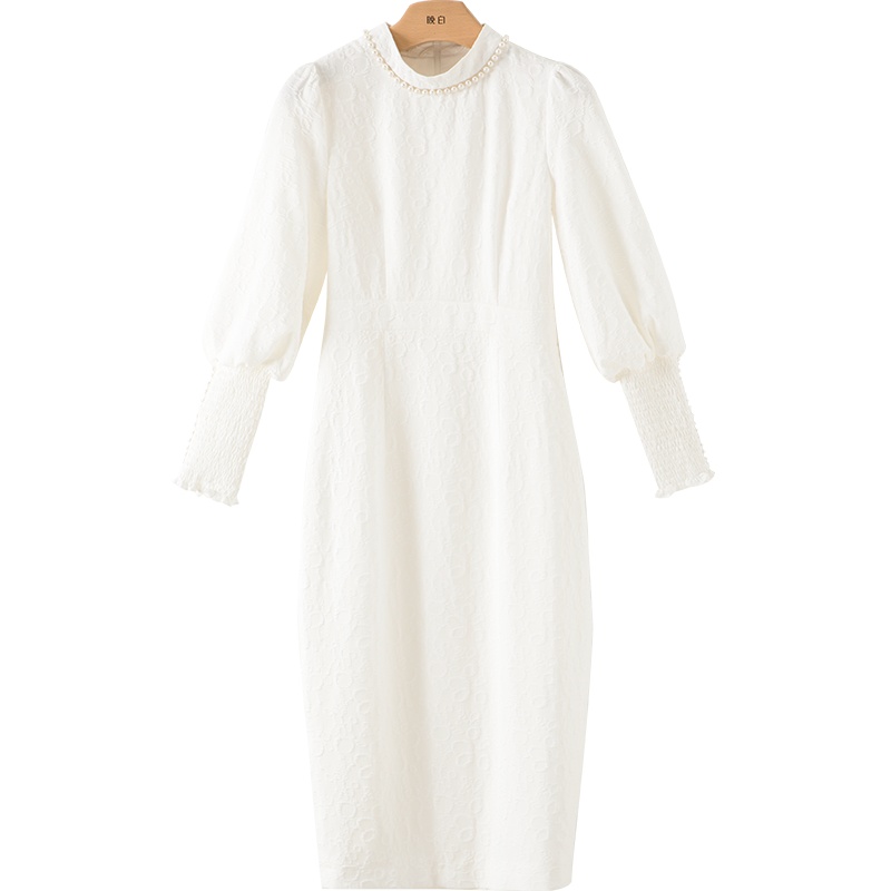 晚白2021春季新品时尚简约纯色立领长袖修身显瘦包臀裙连衣裙女