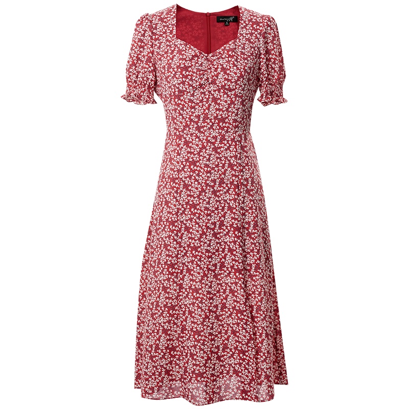 欧昵雪夏装复古方领收腰开叉碎花连衣裙女显瘦过膝中长裙