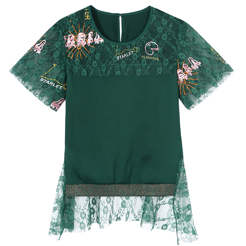 马克华菲女装 2019秋新款短袖圆领蕾丝拼接雪纺衫