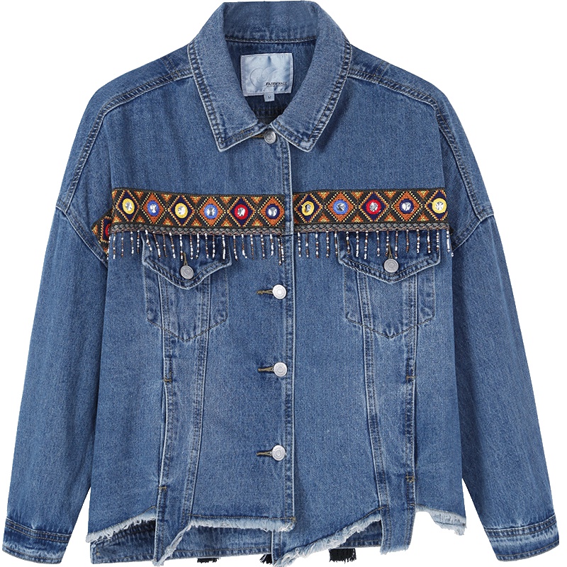 马克华菲女装2019春新款长袖流苏西装领夹克牛仔外套