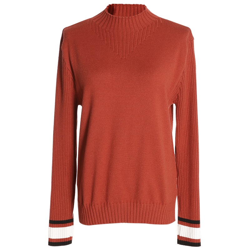 欧昵雪秋冬季撞色坑条长袖半高领套头毛衣女上衣毛针织衫