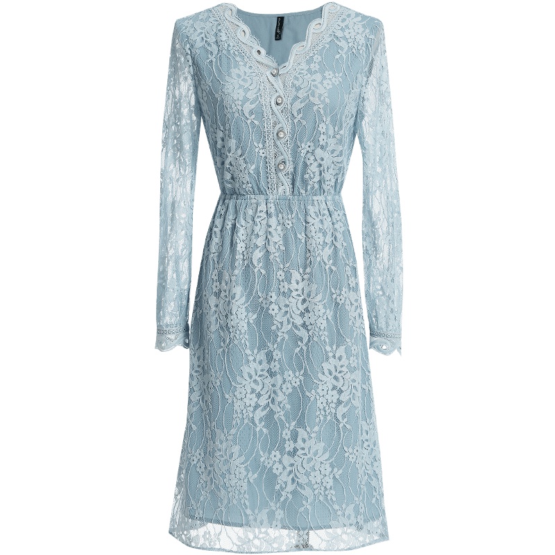 欧昵雪秋装新花边V领高腰显瘦套头勾花镂空蕾丝连衣裙女长袖