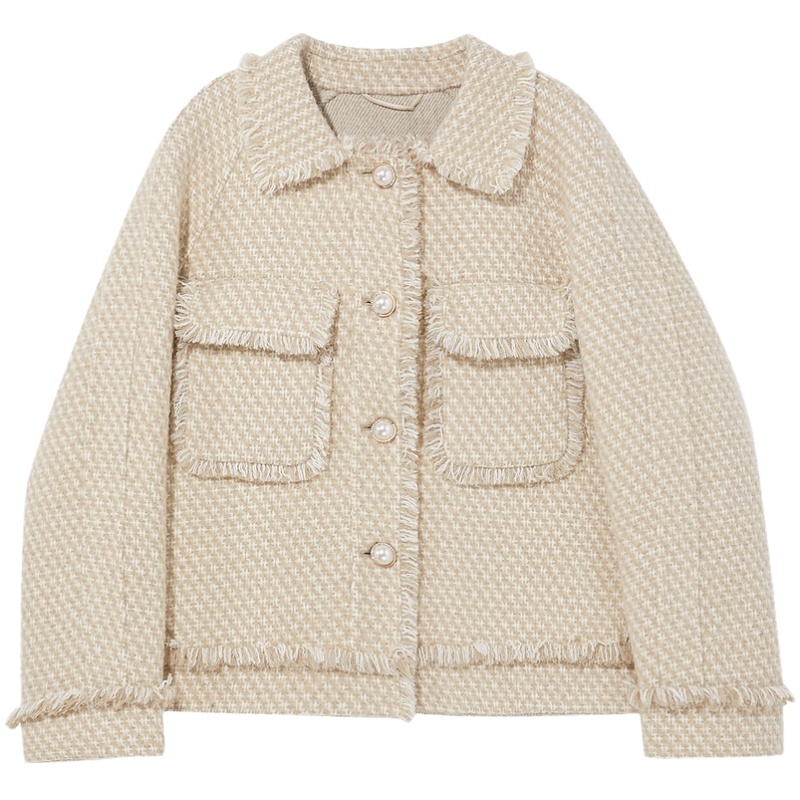 三彩2020冬季新款流苏毛边翻领单排扣长袖羊毛呢双面呢短大衣女