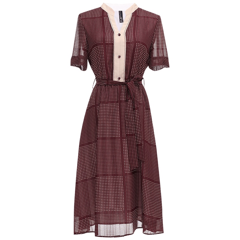 欧昵雪夏季半开领收腰格子雪纺印花连衣裙女显瘦a字裙子