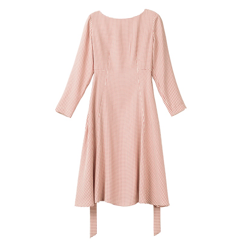 晚白 2020春新品通勤简约波点印花收腰A字百搭长袖雪纺裙连衣裙女