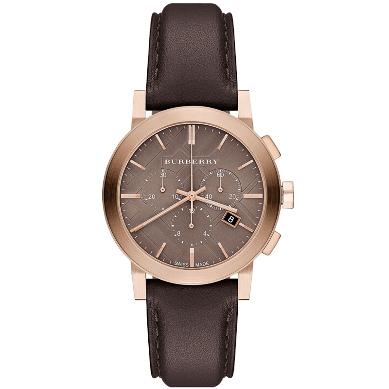 巴宝莉BURBERRY手表三眼计时多功能棕色皮带石英男士腕表