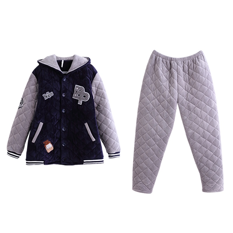 安之伴贝贝绒夹棉情侣睡衣休闲开衫连帽保暖加厚男家居服