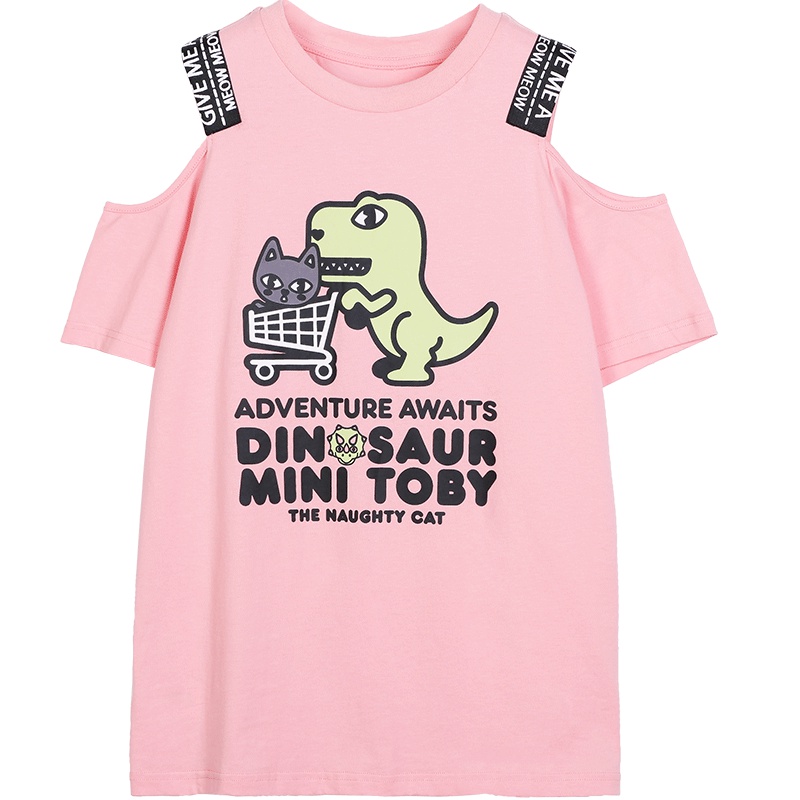 a02新款潮流玩趣卡通字母印花洋气露肩短袖T恤女DTU2D0971KT