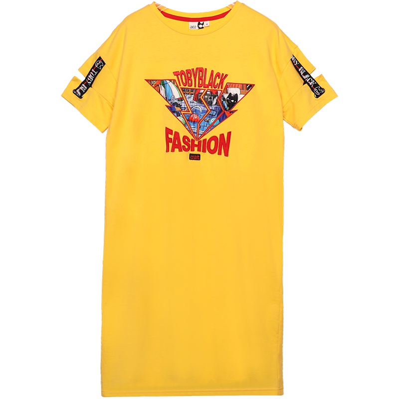 a02新款时尚织带萌趣印花开口T恤裙贴布连衣裙女DTU2D0651DR