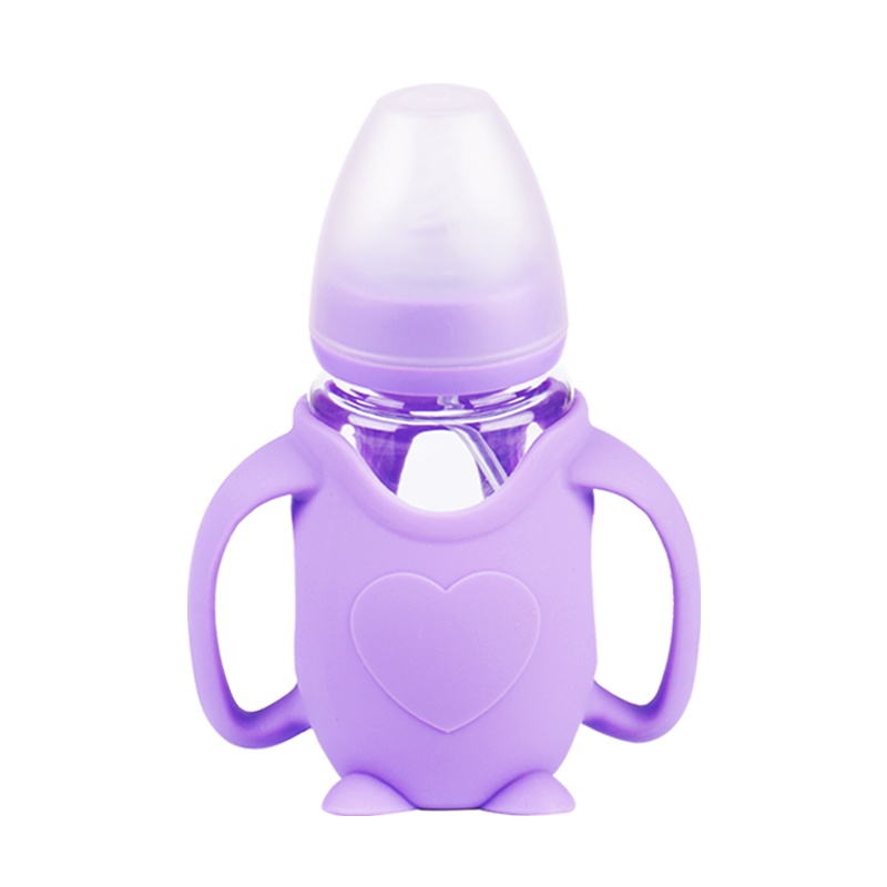 宝倍安(Bao bei an)宝宝防摔玻璃奶瓶企鹅宽口径新生婴儿弯头型奶瓶 紫色150ml 配0-3月奶嘴 加赠1奶嘴