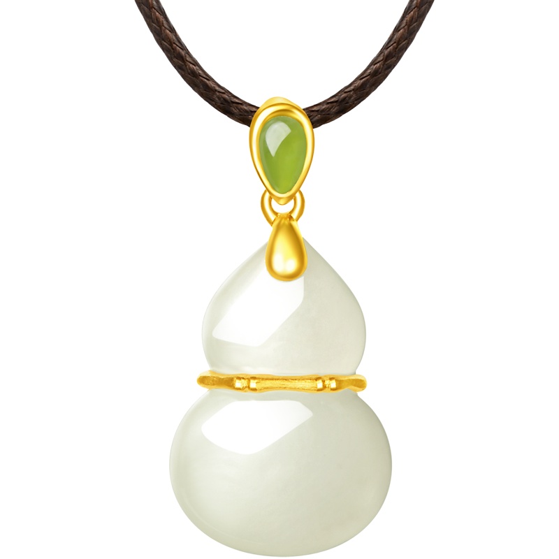 周大福珠宝首饰葫芦足金金和田玉吊坠（配银扣皮绳）V4280
