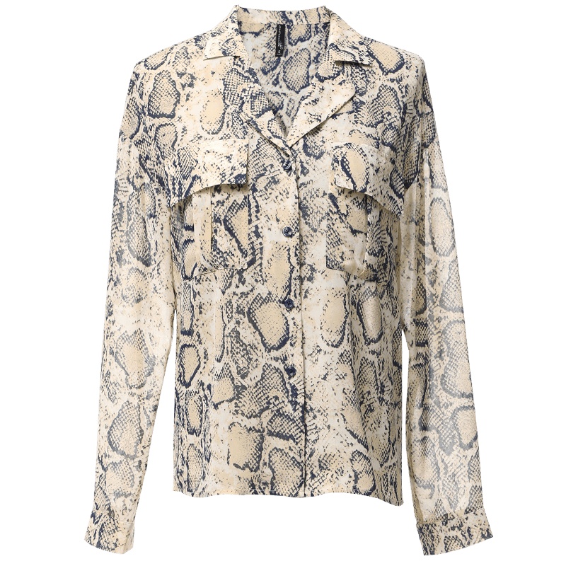 欧昵雪秋装复古翻领口袋长袖印花雪纺衫女上衣显瘦衬衣