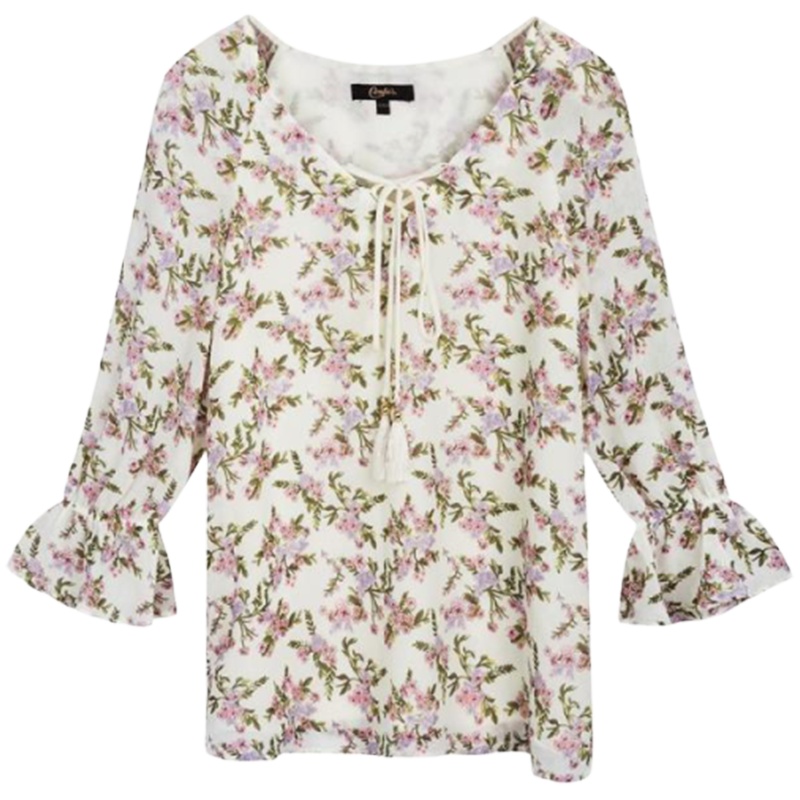 【专柜同款】TOVIP复古港味小衫衬衣女士2019夏季新款韩版宽松碎花V领荷叶袖30081572