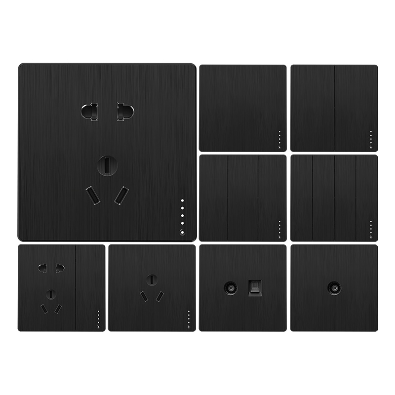 欧奔(EUROB)欧奔暗装86型无框大板黑色墙壁开关插座一开5五孔16A插座面板多孔