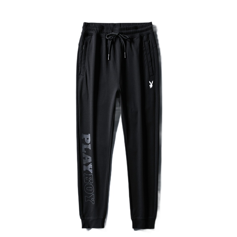 花花公子秋天休闲裤男士潮流2019新款小脚弹力印花时尚黑色长裤子