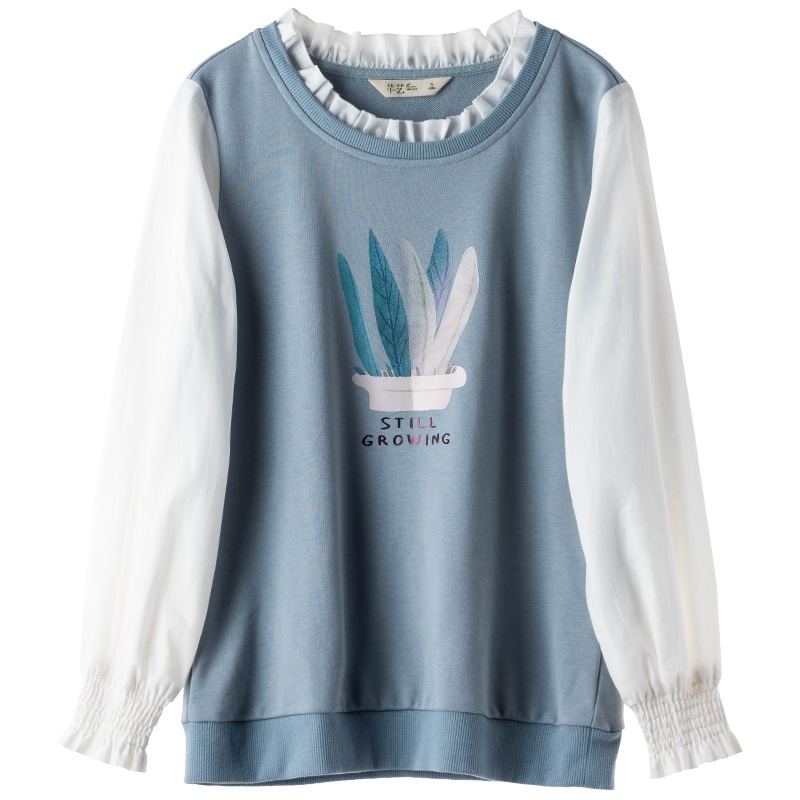 芊艺小清新假两件卫衣女秋装2019新款韩版原宿风圆领套头荷叶领长袖上衣10687