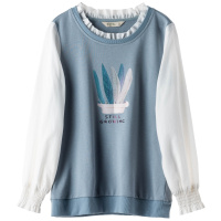 芊艺小清新假两件卫衣女秋装2019新款韩版原宿风圆领套头荷叶领长袖上衣10687