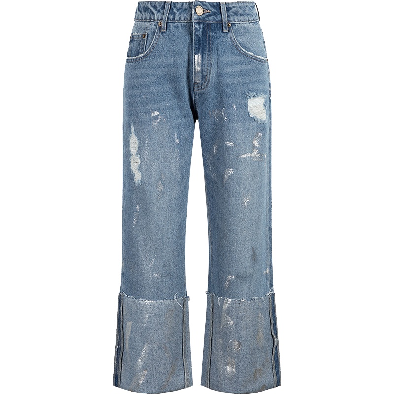 【热卖】七分牛仔裤女春装新款韩版学生百搭做旧ins宽松翻边长裤子潮20011612