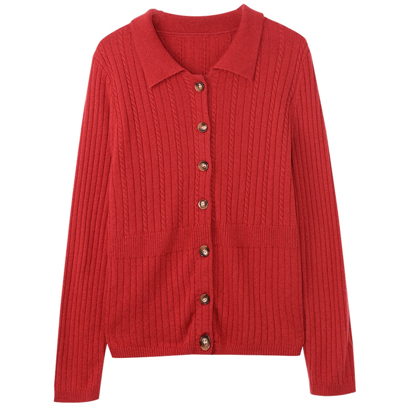 金菊秋冬新款毛衣翻领纯色显瘦羊毛开衫女