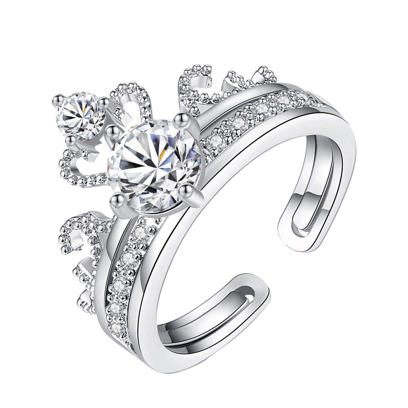 依帝魅创意礼品抖音同款皇冠二合一戒指女 时尚锆石戒指开口可调节s925纯银戒指 戒指情人节送爱人送朋友情人节礼物