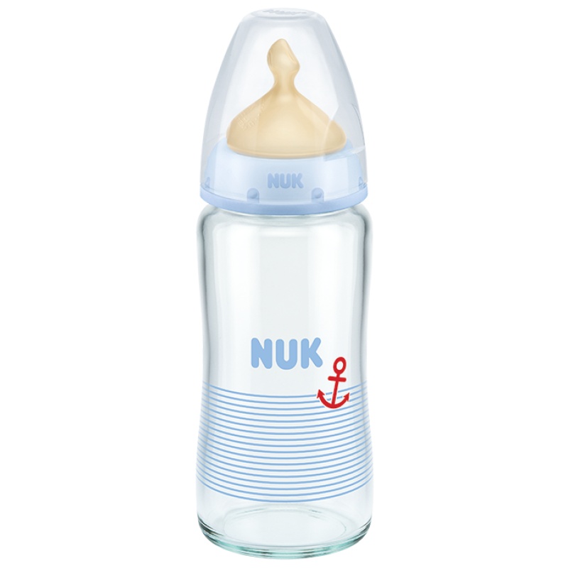 NUK耐高温240ml宽口玻璃彩色奶瓶(带初生型乳胶中圆孔奶嘴)颜色随机0-6月