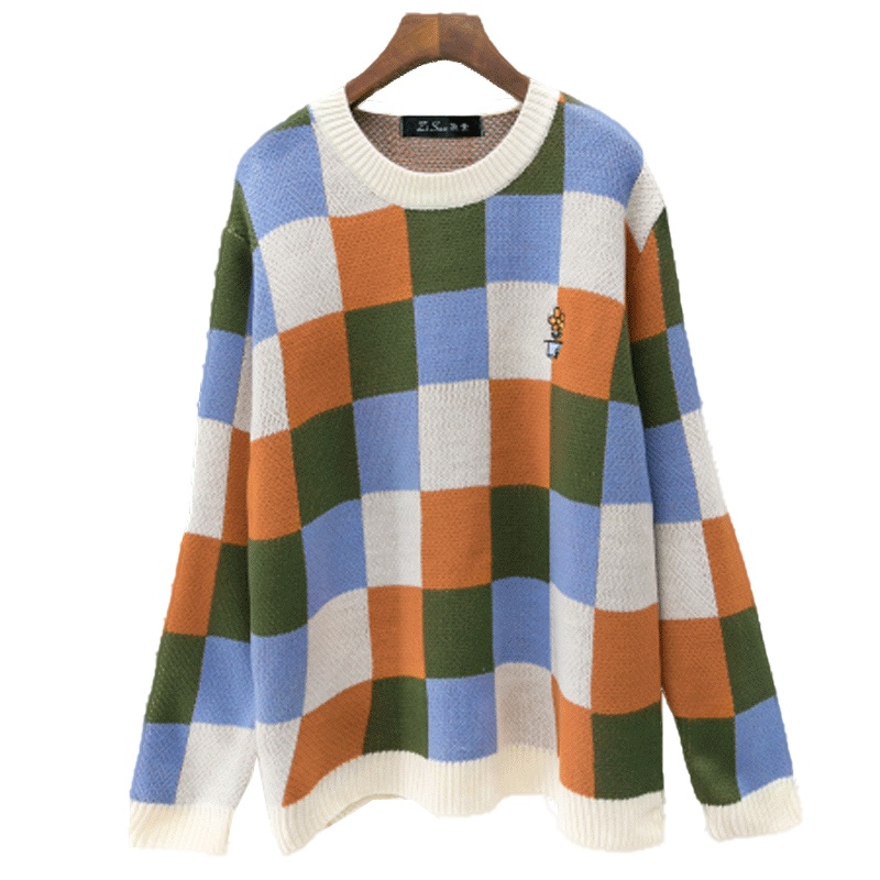 孜索2019秋冬新款彩格子拼色毛衣女宽松学生外穿套头针织打底上衣