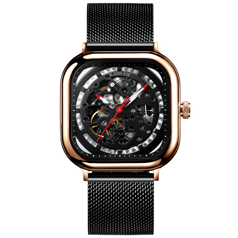卡梭(KASSAW)手表男新款防水潮流镂空自动机械表方形夜光时尚商务男表K15009G