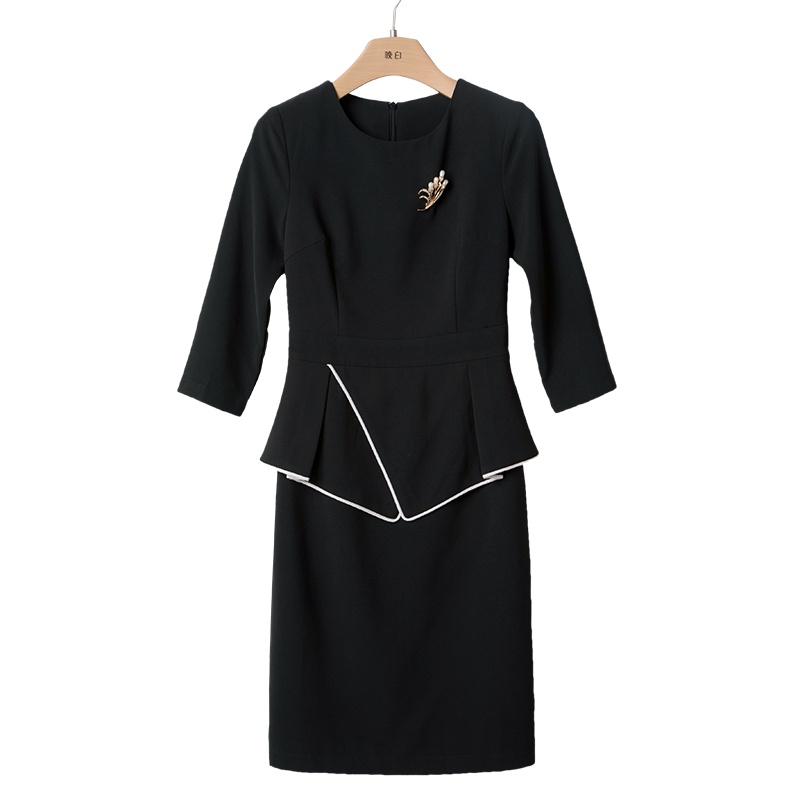 晚白2020秋冬新品时尚假两件圆领修身显瘦通勤包臀裙收腰连衣裙女