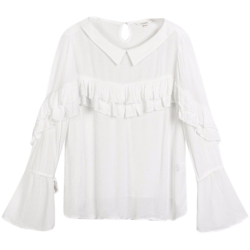 拉夏贝尔LaBabite夏季新款雪纺衫女款时尚休闲显瘦荷叶边新款喇叭袖韩版长袖裙摆60005895