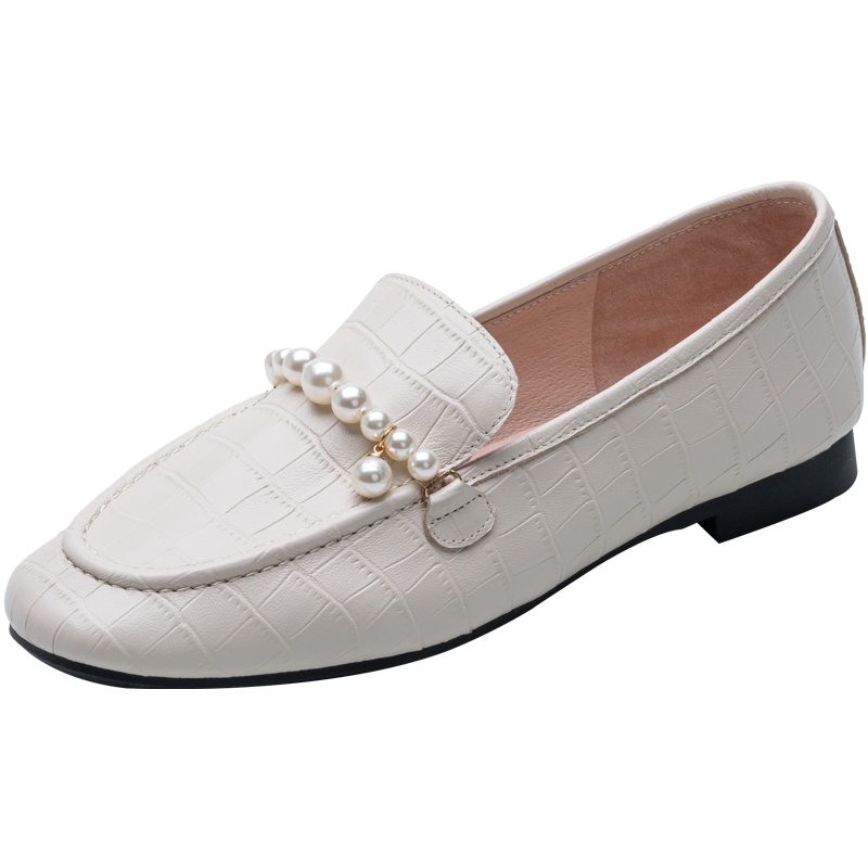 百田森商场同款乐福鞋女2021春季珍珠链条羊皮鞋一脚蹬懒人鞋女