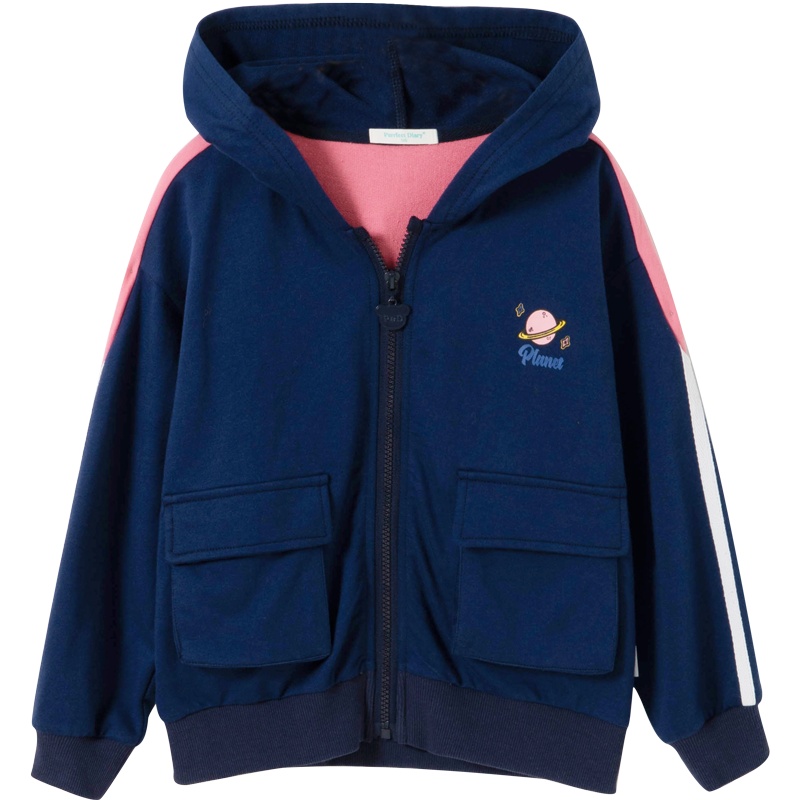 咕噜日记春秋款女童撞色设计印花全棉连帽卫衣外套QZW004