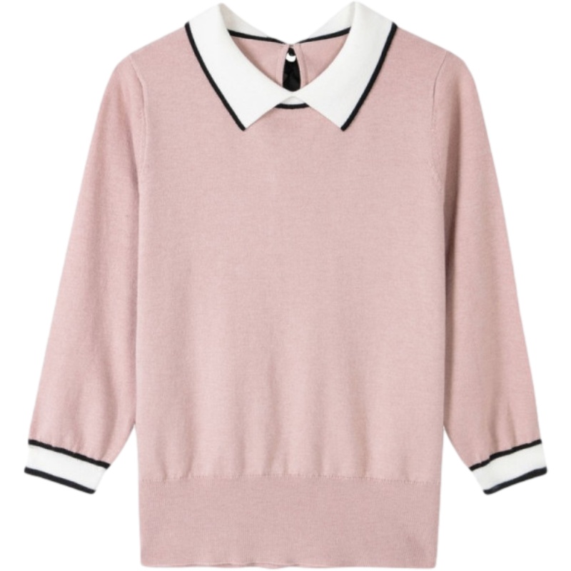 拉夏贝尔针织打底衫女2021春季新款蝴蝶结学生上衣内搭娃娃领毛衣