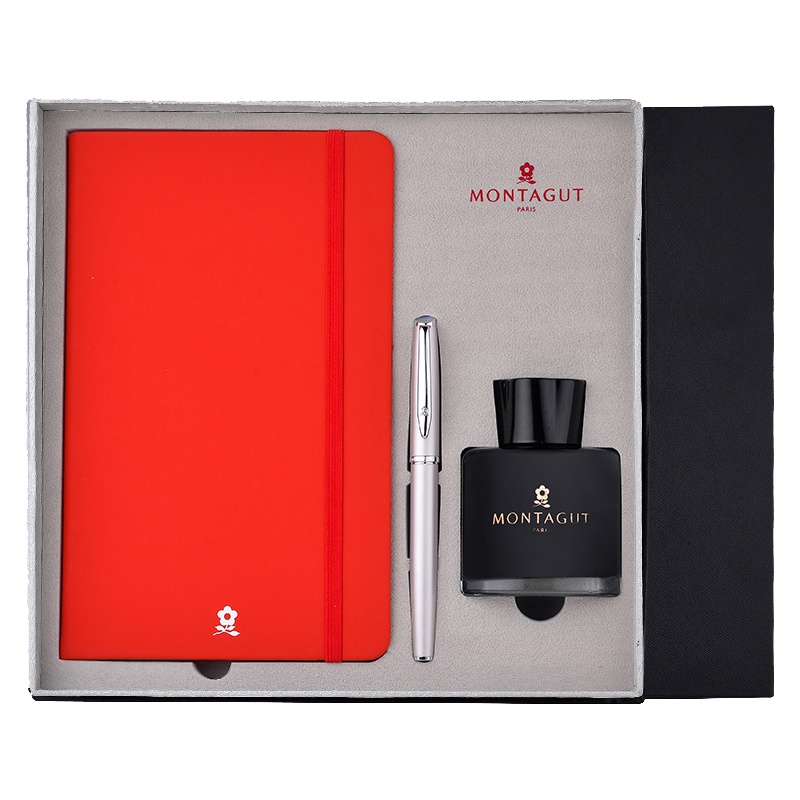 梦特娇(Montagut)白丽雅银夹钢笔+墨水+1001红色时尚记事本套装 签字笔 签名笔 商务送礼套装