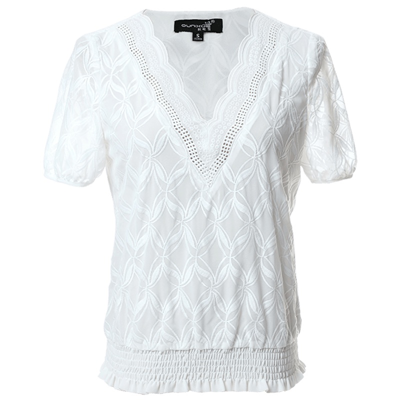 欧昵雪气质V领蕾丝绣花束腰显瘦遮肚子白色短袖雪纺衫上衣女夏装