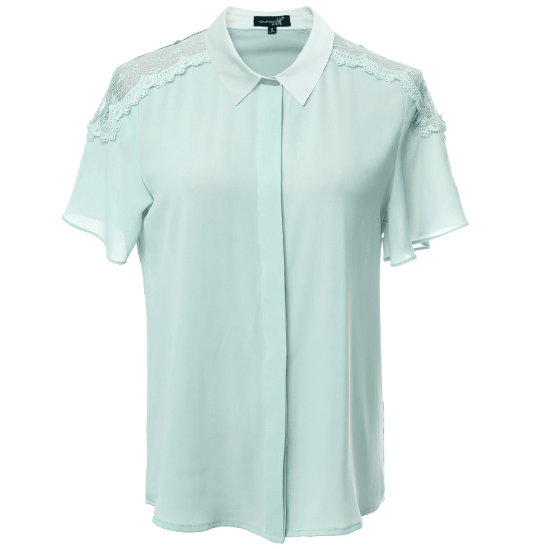 欧昵雪 夏喇叭袖镂空蕾丝拼接喇叭袖雪纺衬衫女短袖衬衣X