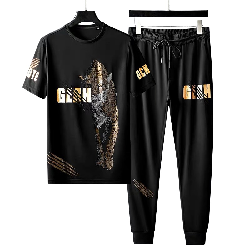 男装高端休闲运动套装烫钻长裤短袖两件套薄款夏季冰丝速干T恤潮