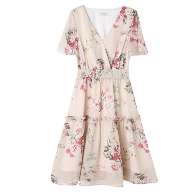 拉贝缇小个子v领碎花连衣裙女装2021夏季新款雪纺法式小众裙子