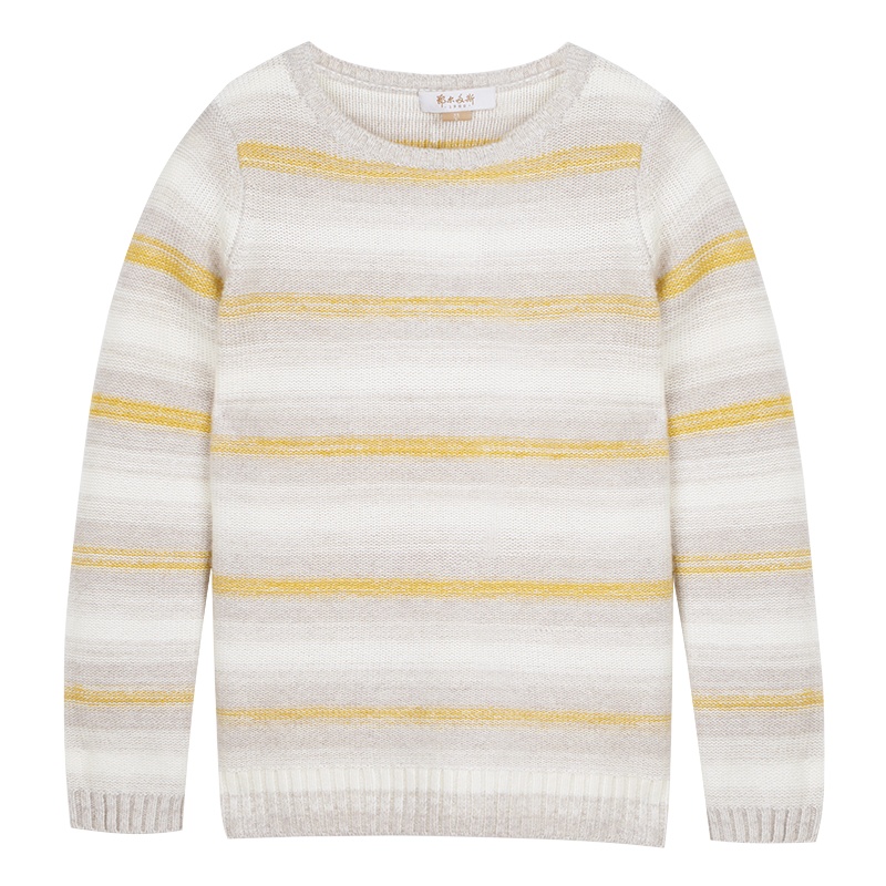 鄂尔多斯ERDOS 100%山羊绒圆领夹条羊绒衫女士针织衫毛衣