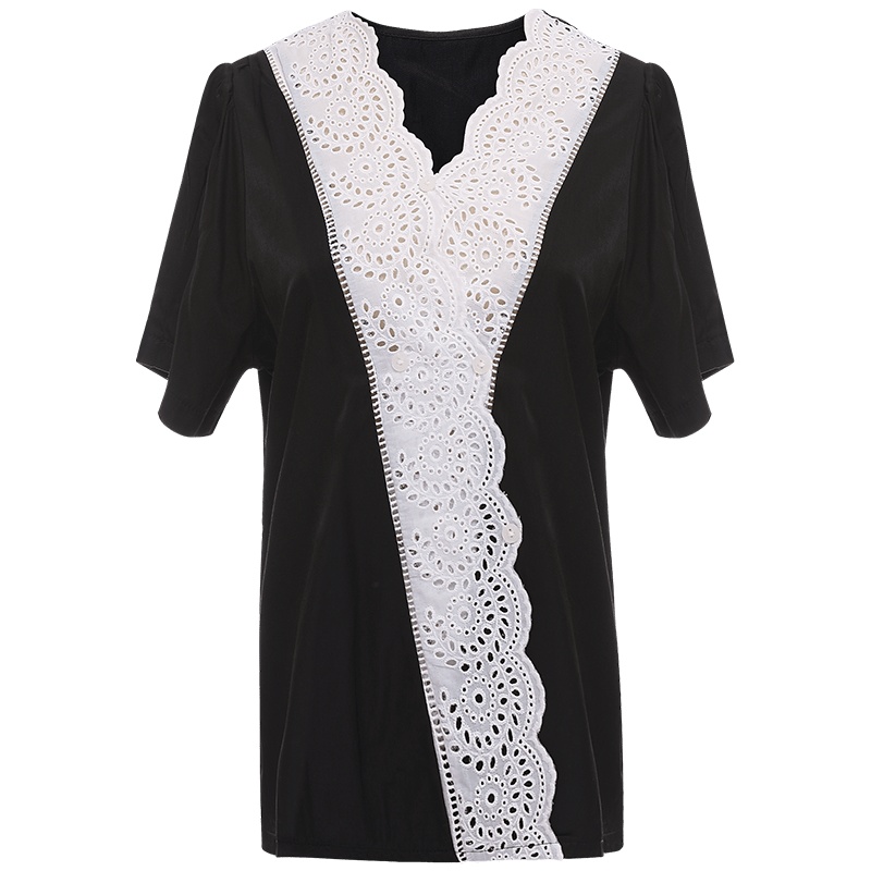 欧昵雪夏季设计感小众蕾丝花边v领小衫女显瘦宽松洋气上衣