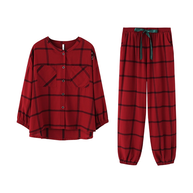 梭织磨毛色织格圆领女套装